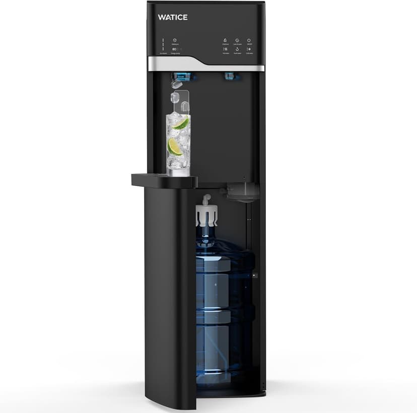 Self-Cleaning Water Dispenser with Ice Maker, Bottom Loading Hot & Cold Water Cooler for 3 or 5 Gallon Bottle - Child Safety Lock & Nightlight - Water Machine for Home, Office, Black