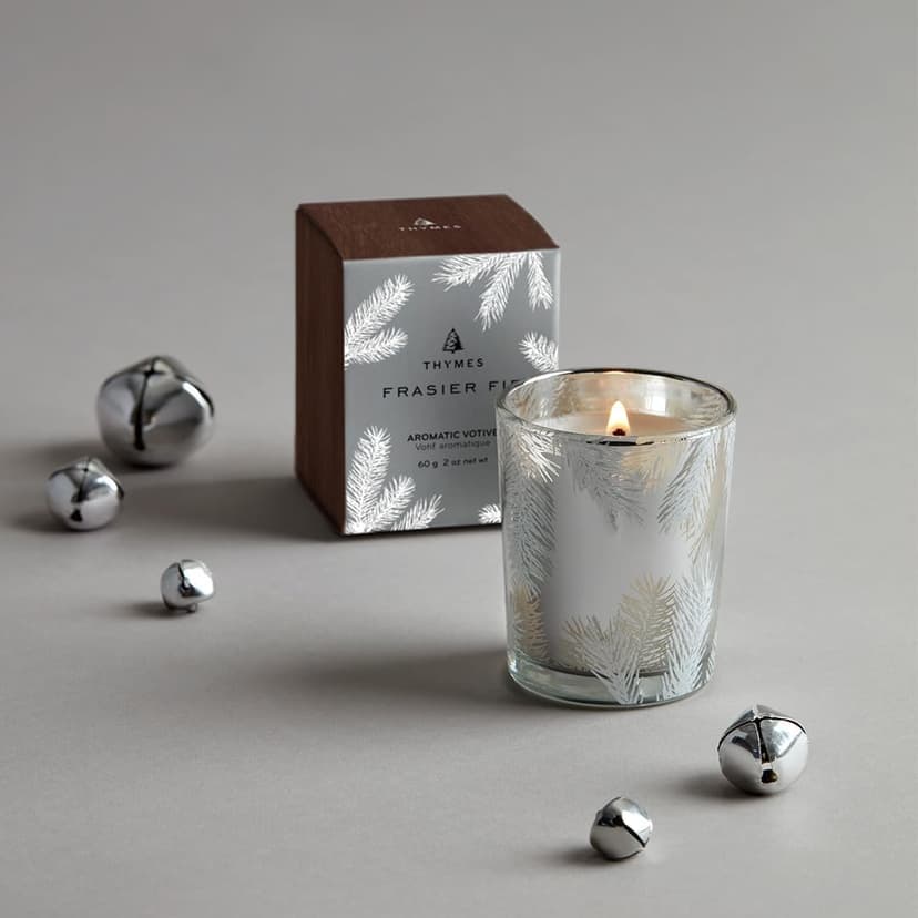 Thymes Frasier Fir Candle – Pine Needle Design – Holiday Scented Candle – Notes of Crisp Siberian Fir, Cedarwood & Sandalwood – Luxury Home Fragrance Gifts for Women & Men – Silver (Statement, 2 oz) B08CVRZ6M9