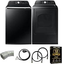 Samsung Smart 4.7 Cu Ft Top Load Washer & 7.4 Cu Ft Electric Dryer, Sensor Stops Overdrying, Low Vibration Quiet Wash, WaterJet w/Power Cords, Hoses, Vent Duct, 1 Year CPS Protection Bundle (Black)