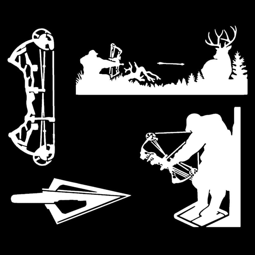 Bow Hunting Decal 4 Pack: Compound Bow, Tree Stand, Arrow Head, Hunting Scene Decals (Small ~3.5", White)