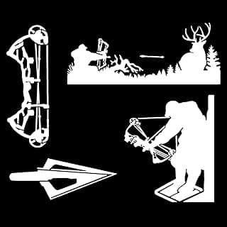 Bow Hunting Decal 4 Pack: Compound Bow, Tree Stand, Arrow Head, Hunting Scene Decals (Small ~3.5", White)