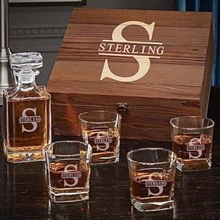 Personalized Whiskey Decanter Set with Wood Gift Box - Custom Bourbon and Scotch Gift Boxed Set