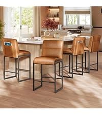 VASAGLE EKHO Collection - Bar Stools Set of 4, Counter Height Bar Stools, Synthetic Leather with Stitching, Mid-Century Modern Counter Stools, 26-Inch Tall, Kichen Home Bar Dining Room, Caramel Brown