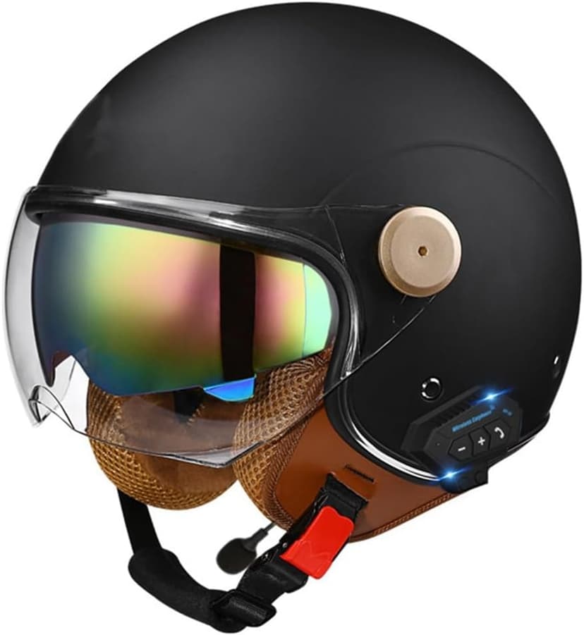 Retro 3/4 Bluetooth Motorcycle Open Face Half Helmet Microphone Dual Speakers and Double Visor Vintage Half Face Motorbike Bluetooth Helmet DOT Approved for Adults Men and Women