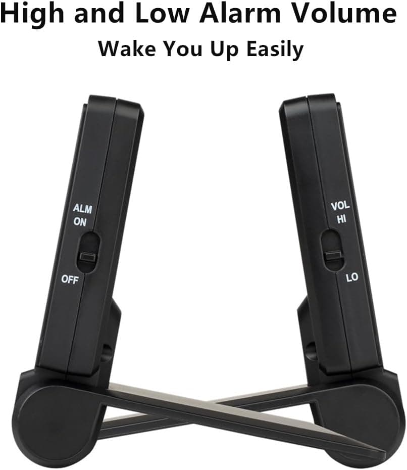 FAMICOZY Small Folding Digital Travel Alarm Clock with Day/Month/Date/Indoor Temperature,Easy to Read and Set,High/Low Alarm Volume,9 Min Snooze,Backlight on Demand,Bedside Calendar Alarm Clock,Black