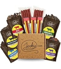 Jerky.com Gift Bag for Men | 26 Piece Meat Sticks Gift Basket with Beef Sticks, Pork, Turkey, Ham & Cheese Sticks | High Protein Snack Variety Pack | Gluten-Free Jerky Gifts for Men | Birthday Gift Basket for Him
