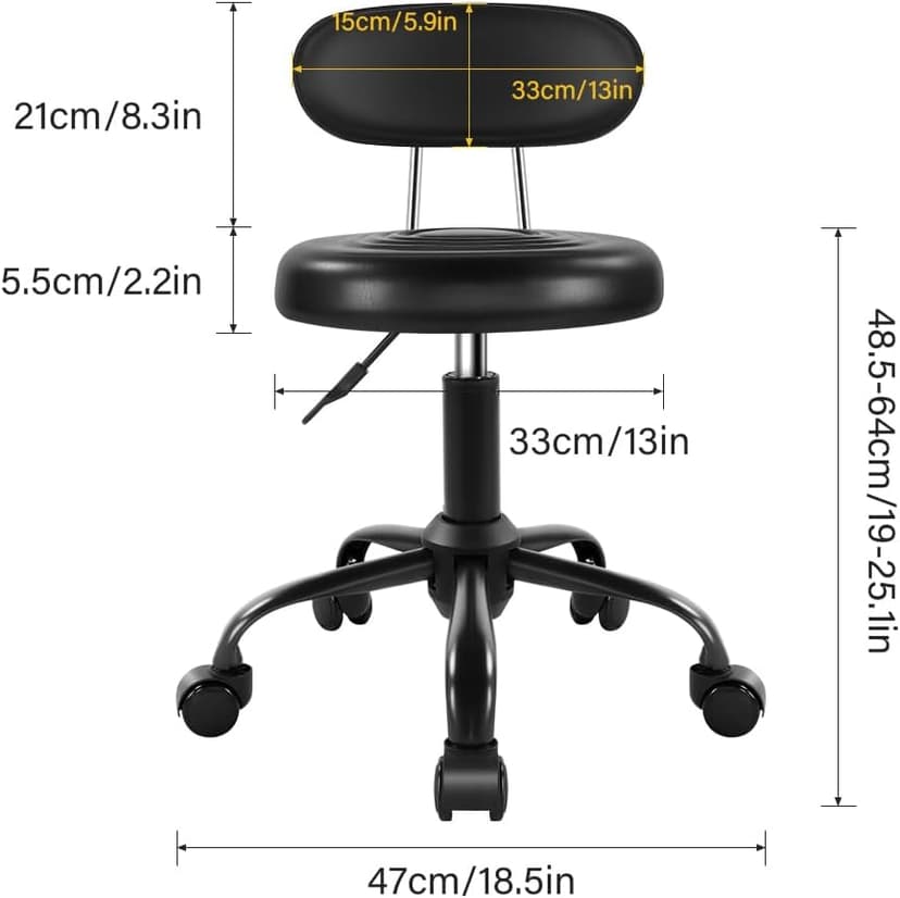 WKWKER Rolling Stool with Wheels Swivel Stool with Back Height Adjustable Chair PU Leather Rolling Chair Ideal for SPA Salon Home Office Drafting Work (Black)