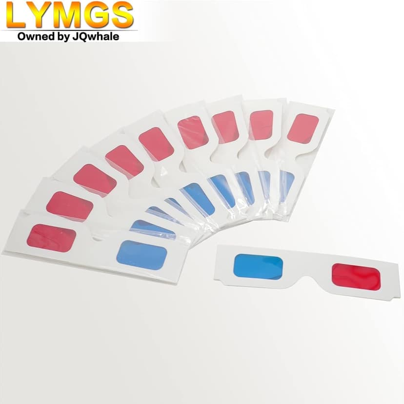 10 Pairs 3D Paper Glasses, Red and Cyan Lens in White Frame Anaglyph Cardboard for Movies - Folded in Protective Sleeve