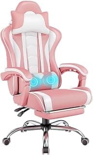Yaheetech Gaming Chair, Video Game Chair with Massage Lumbar Support and Footrest Height Adjustable Ergonomic Computer Chair with Swivel Seat and Headrest, Pink/White