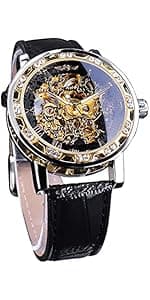 FORSINING Watches for Man, Square Retro Mechanical Watch Self-Wind Carved, Skeleton Automatic Watches Vintage Leather Strap Wristwatch