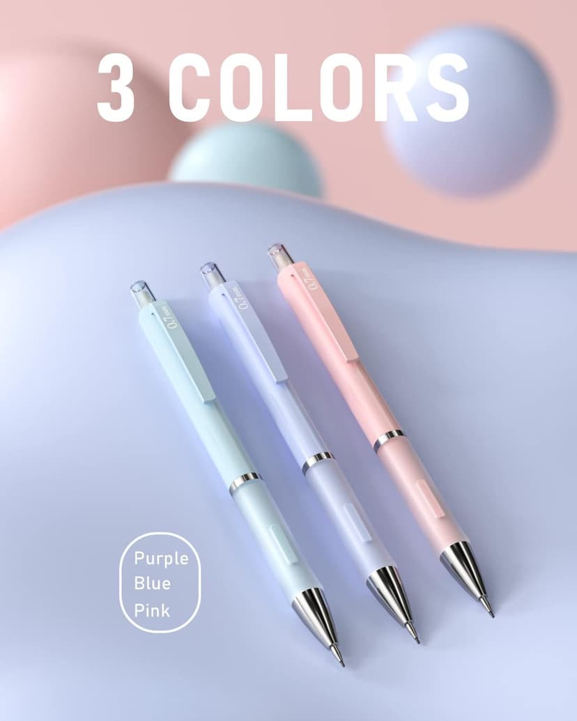 Nicpro 3PCS Cute Mechanical Pencil Set with Case, 0.7 mm Pencils with 6 Tube HB Lead Refill, 3PCS Eraser, 9PCS Eraser Refill for School Supplies Student Writing, Drafting Drawing Sketching