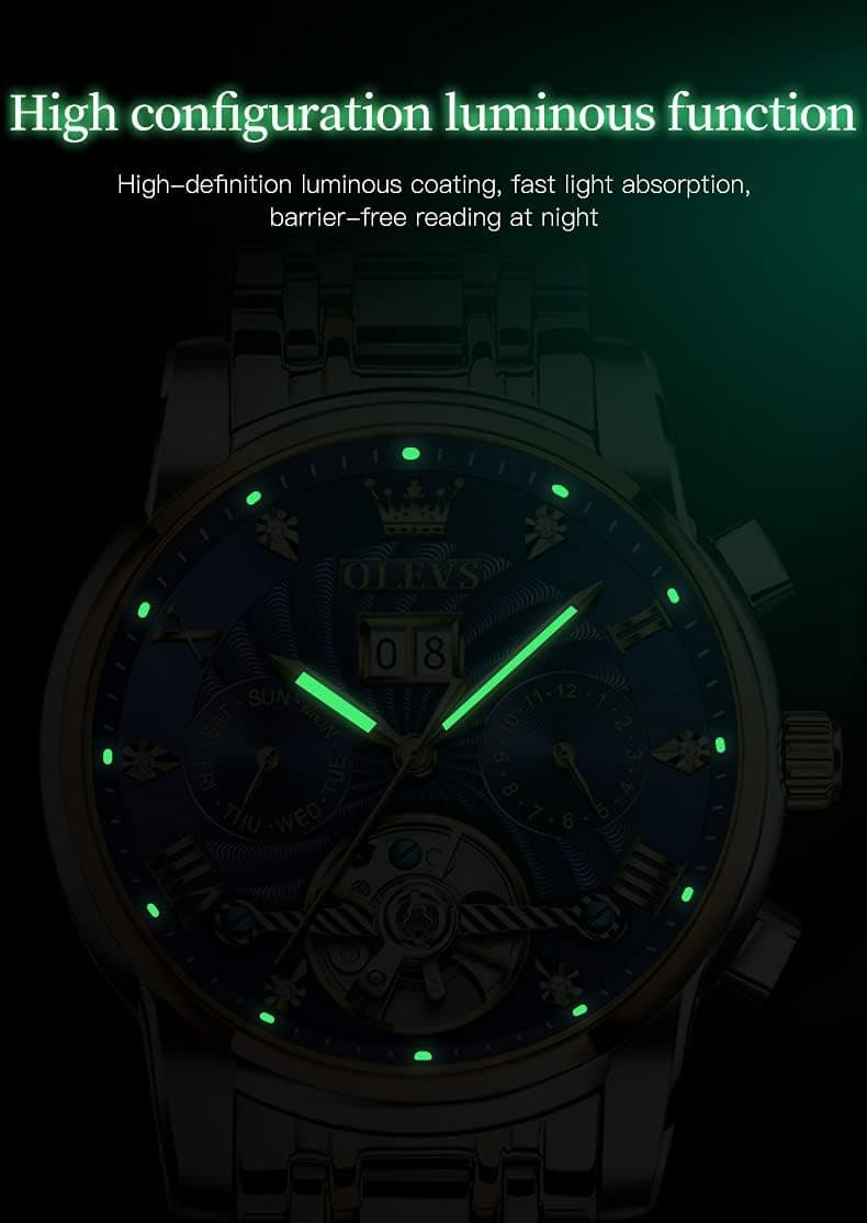 OLEVS Men Automatic Watch Skeleton 5 Hands Mechanical Classic Luxury Multi Calendar Stainless Steel Waterproof Wrist Watch for Men