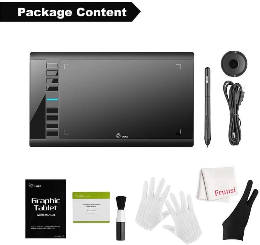 Graphics Drawing Tablet, UGEE M708 10 x 6 inch Large Drawing Tablet with 8 Hot Keys, Passive Stylus of 16384 Levels Pressure, UGEE M708 Graphics Tablet for Paint, Design, Art Creation Sketch