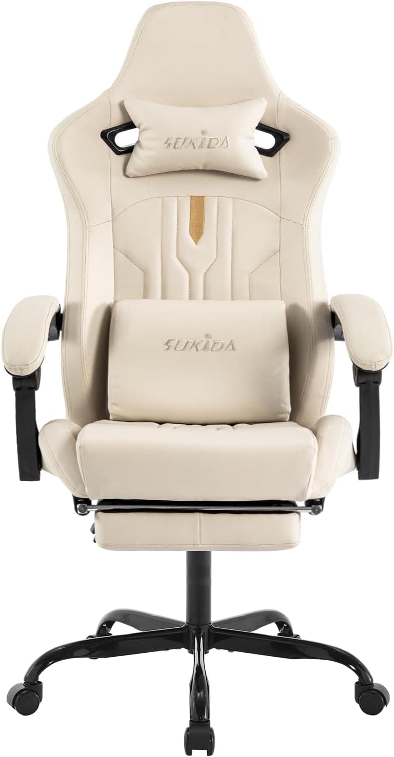 Gaming Chair with Footrest Ergonomic Computer Chair Massage Lumbar Cushion, Racing Video Game Chair Adjustable Rocker Recliner Executive Office Desk Chair Pu Leather for Adults