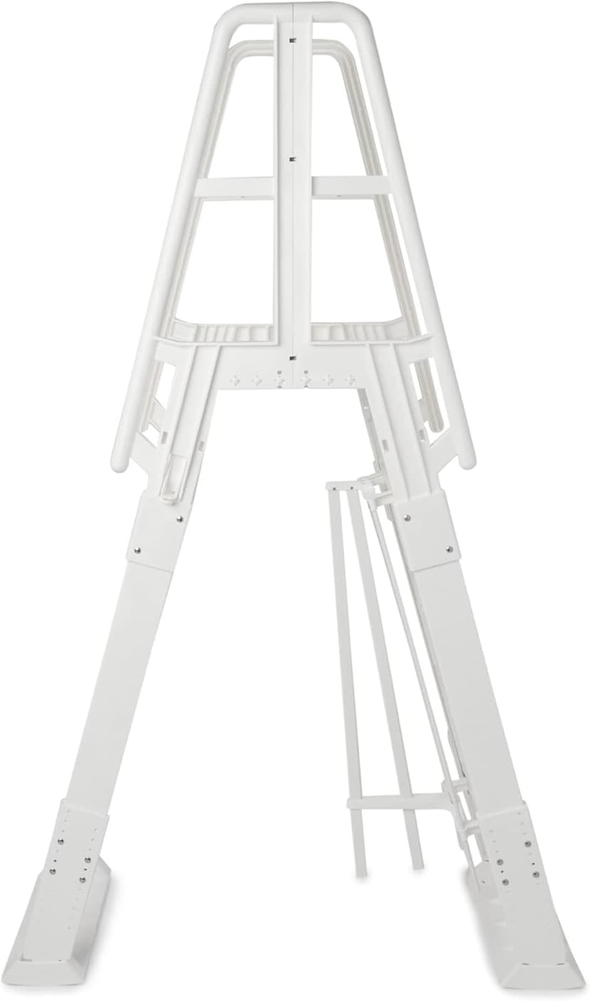 Vinyl Works SLA A-Frame 48 to 56 Inch Adjustable Above Ground Swimming Pool Ladder Entry System with Slide Lock Barrier and Handrails, White