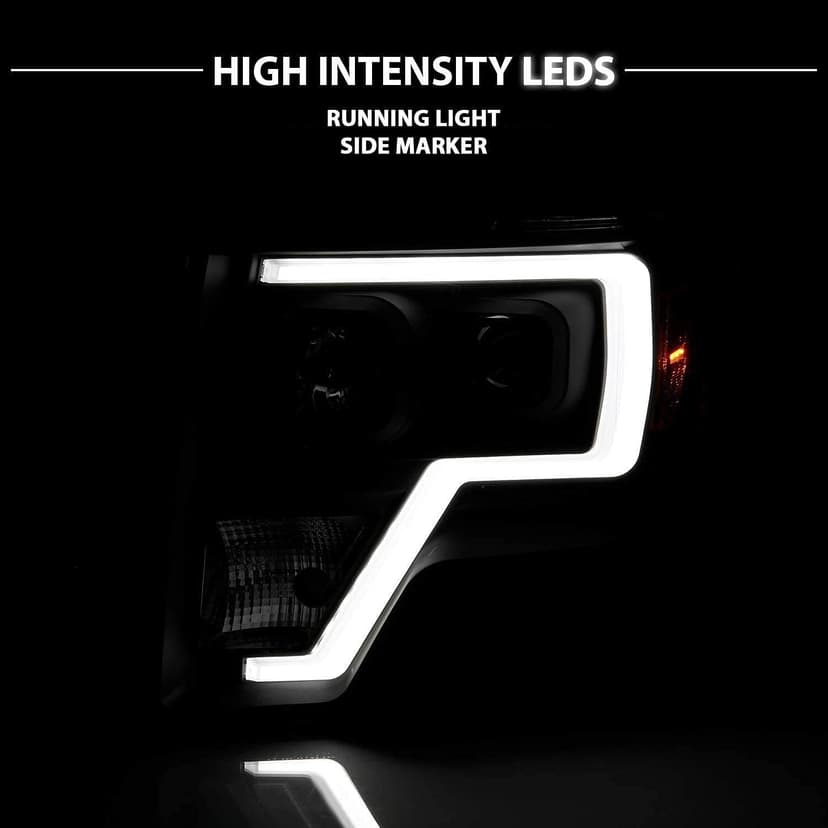 AmeriLite for 2009-2014 Ford F150 Truck LED Bar Square Projector Halogen Black Headlights Set High/Low Beam Bulb Included - Driver and Passenger Side