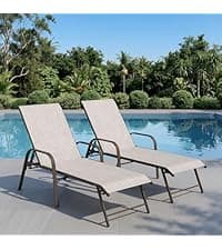 Crestlive Products Outdoor Chaise Lounge Chair,5-Position Pool Lounge Chairs with Armrests Sunbathing Recliner for Patio, Beach, Deck, Yard (2PC Beige)