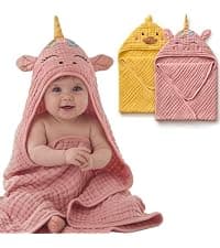 Blissful Diary Muslin Baby Hooded Towel 2 Pack, Soft & Absorbent Bath Towel for Infant, Toddler, Unisex, Baby Gift, Newborn Essentials, Bear & Lamb B0FQ9ZT37D