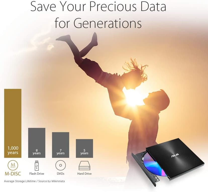 ASUS ZenDrive Black 13mm External 8X DVD/Burner Drive +/-RW with M-Disc Support, Compatible with Both Mac & Windows and Nero BackItUp for Android Devices (USB 2.0 & Type-C Cables Included)