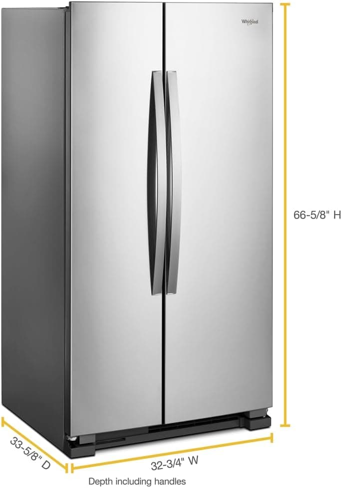 Whirlpool 33 Inch Freestanding Side by Side Refrigerator with 21.72 Cu. Ft. Total Capacity, Adjustable Gallon Door Bins, LED Interior Lighting, Hidden Hinges, Frameless Glass Shelves, Stainless Steel