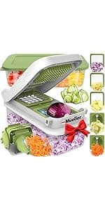 Mueller Pro-Series All-in-One, 12 Blade Mandoline Slicer for Kitchen, Food Chopper, Cucumber Slicer and Spiralizer, Cutter, Dicer, Grater, Gifts for Mom, Kitchen Essentials, White Sand/Green