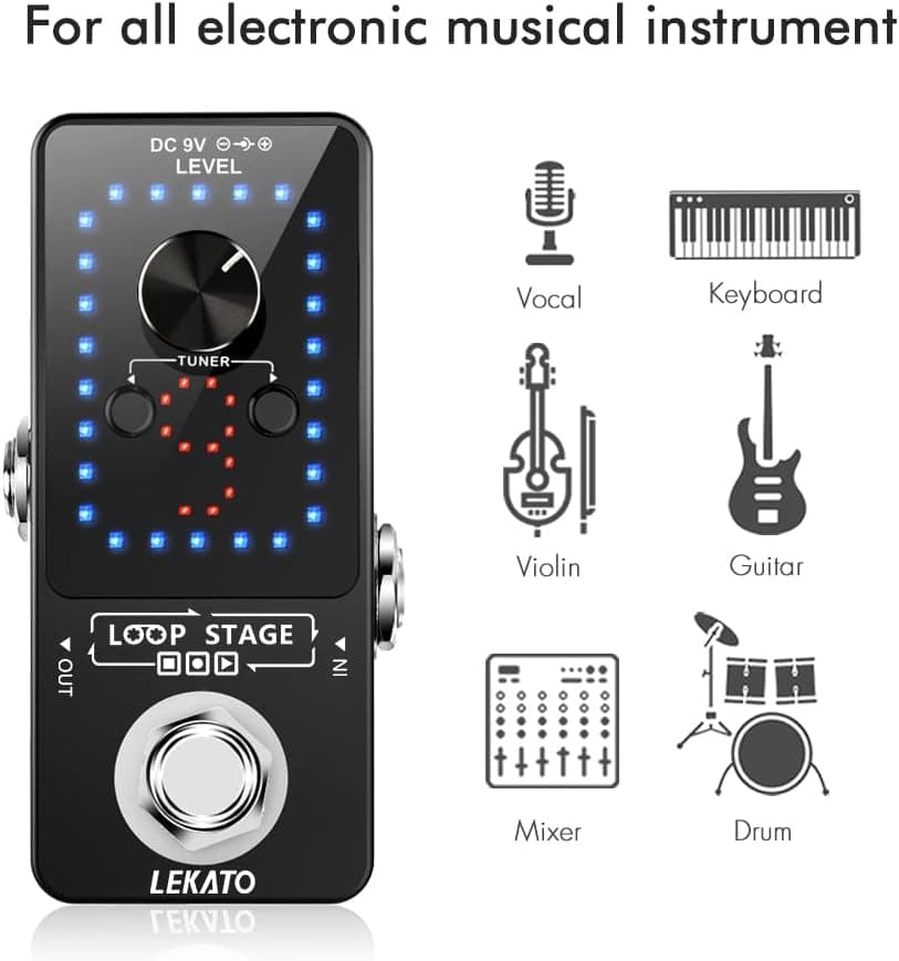 LEKATO Looper Guitar Pedal Guitar Loop Pedal Tuner Pedal 9 Loops 40 Minutes Record Time Unlimited Overdubs for Electric Guitar Bass (Black)