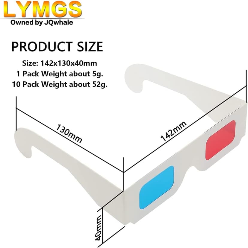 10 Pairs 3D Paper Glasses, Red and Cyan Lens in White Frame Anaglyph Cardboard for Movies - Folded in Protective Sleeve