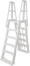 Vinyl Works SLA A-Frame 48 to 56 Inch Adjustable Above Ground Swimming Pool Ladder Entry System with Slide Lock Barrier and Handrails, White