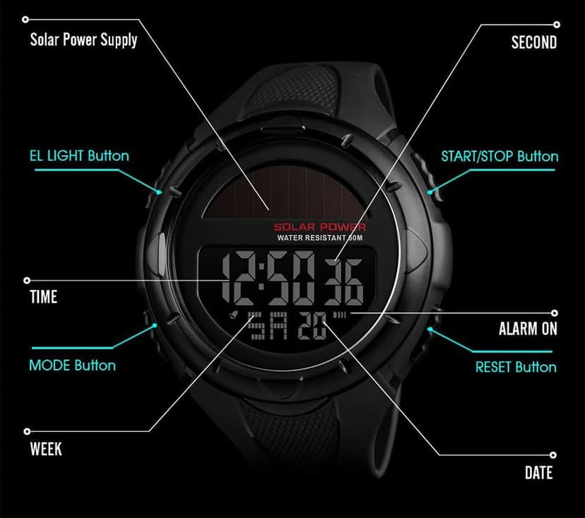 Gosasa Men's Outdoor Sports Multifunction Solar Power LED Digital Watches 50M Water Resistant