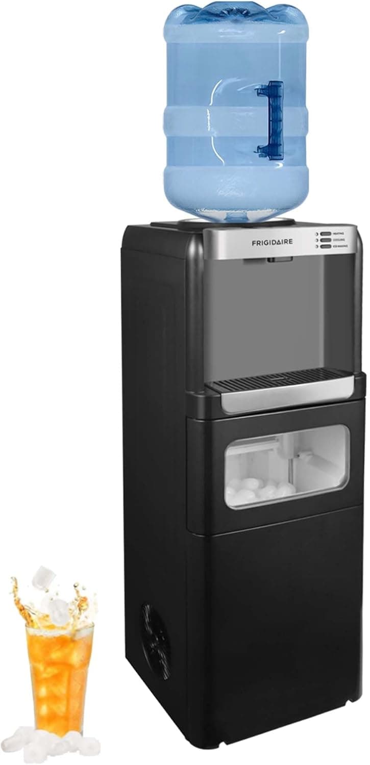 Frigidaire 3-in-1 Hot or Cold Top-Load Water Cooler Dispenser, 5 Gal Bottle, Built-in Bullet Ice Maker, Compact, Black