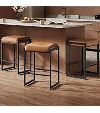 VASAGLE EKHO Collection - Bar Stools Set of 4, Counter Height Bar Stools, Synthetic Leather with Stitching, Mid-Century Modern Counter Stools, 26-Inch Tall, Kichen Home Bar Dining Room, Caramel Brown