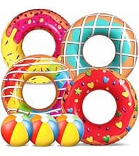 90shine 7PCS Fruit Pool Floats: Watermelon Kiwi Orange Lemon Swimming Rings with 13.5" Beach Balls - Inflatable Tubes Floaties Toys for Kids Adults