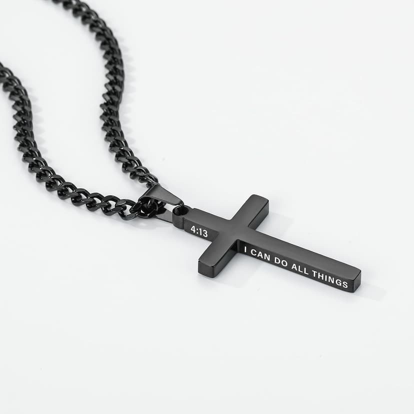 Gnamy Cross Necklace for Men Boys Stainless Steel Bible Verse Cross Pendant with Cuban Link Chain (22+2 Inches) | Christian Religious Jewelry Gifts B0FQHXFGM5