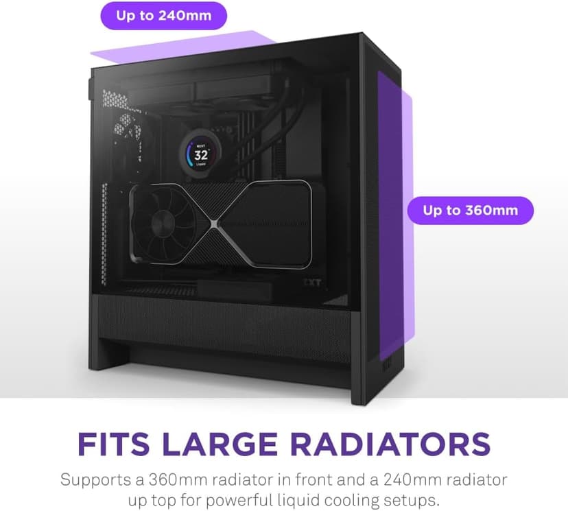 NZXT H5 Flow 2024 - Compact ATX Mid-Tower PC Gaming Case - High Airflow - 2 x 120mm Fans Included - 360mm Front & 240mm Top Radiator Support - Cable Management System - Tempered Glass - Black
