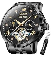 OLEVS Men Automatic Watch Stainless Steel Skeleton Mechanical Date Calendar Luxury Classic Business Waterproof Luminous Wrist Watches