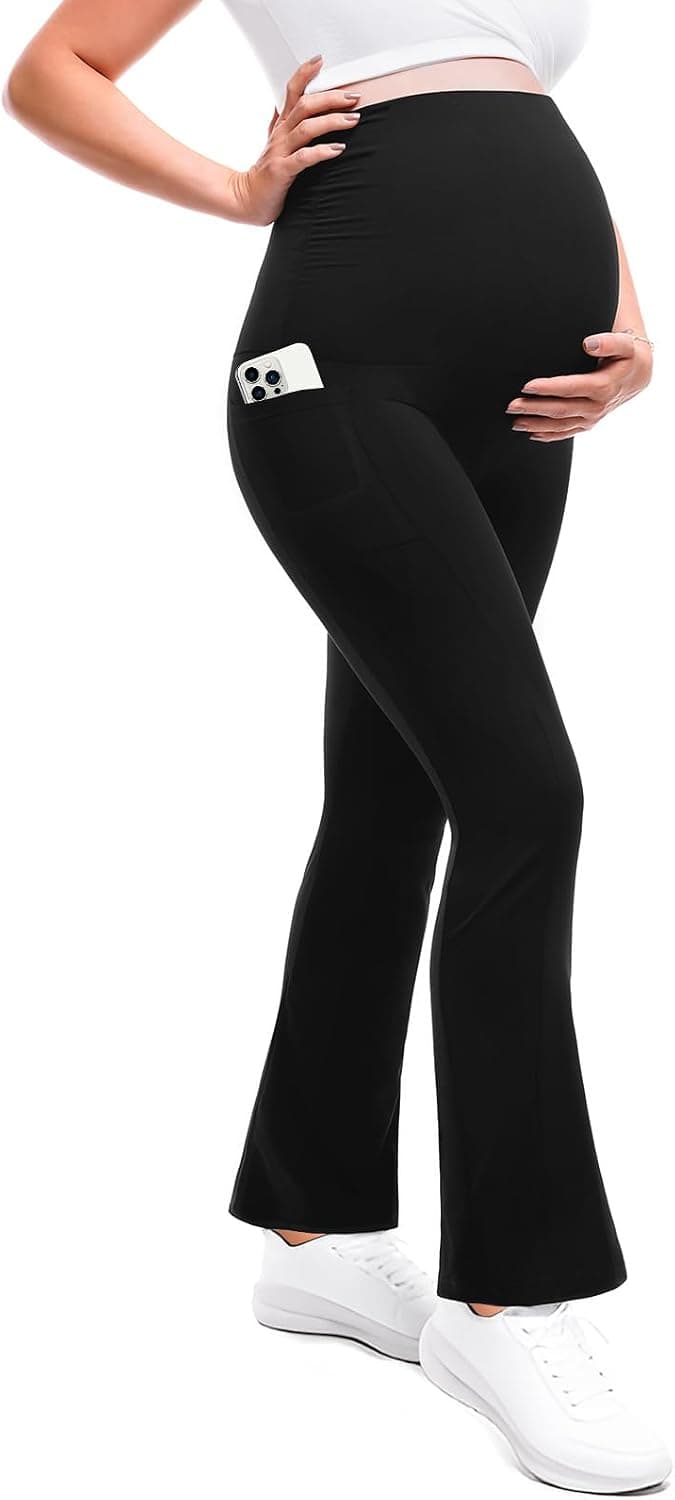 Pregnancy Pants, Buttery Soft, High Waisted, Over The Belly, Highly Stretchy, Fall Fashion Clothes, Yoga, for Casual Wear Leafigure Maternity Flare Leggings with Pockets B0F5HNGVG7