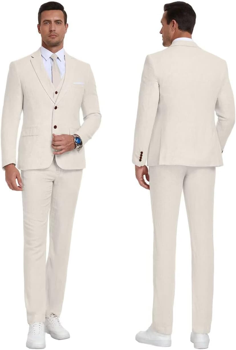 Retro Linen Mens Suit 3 Pieces Light Weight Casual Linen Summer Slim Fit Suits Tuxedo Jacket Blazer Vest Pant for Men