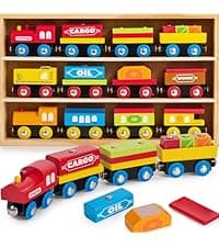 Montessori Wooden Train Toy Set for Kids, 12PCS Magnetic Train Cars with Storage Gift Box, STEM Educational Toy for Boys & Girls, Ages 2-8 Years, Christmas Birthday Party Gift