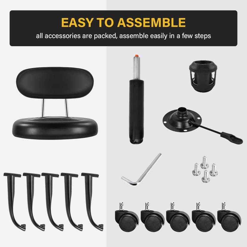 WKWKER Rolling Stool with Wheels Swivel Stool with Back Height Adjustable Chair PU Leather Rolling Chair Ideal for SPA Salon Home Office Drafting Work (Black)