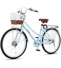 VIRIBUS Womens Cruiser Bike, 7 Speed Beach Cruiser Bike for Women, 26 inch Women Bicycle with Rattan Basket, City Commuter Vintage Retro Step Through Bicycle for Female Ladies Seniors, 330 Lb.