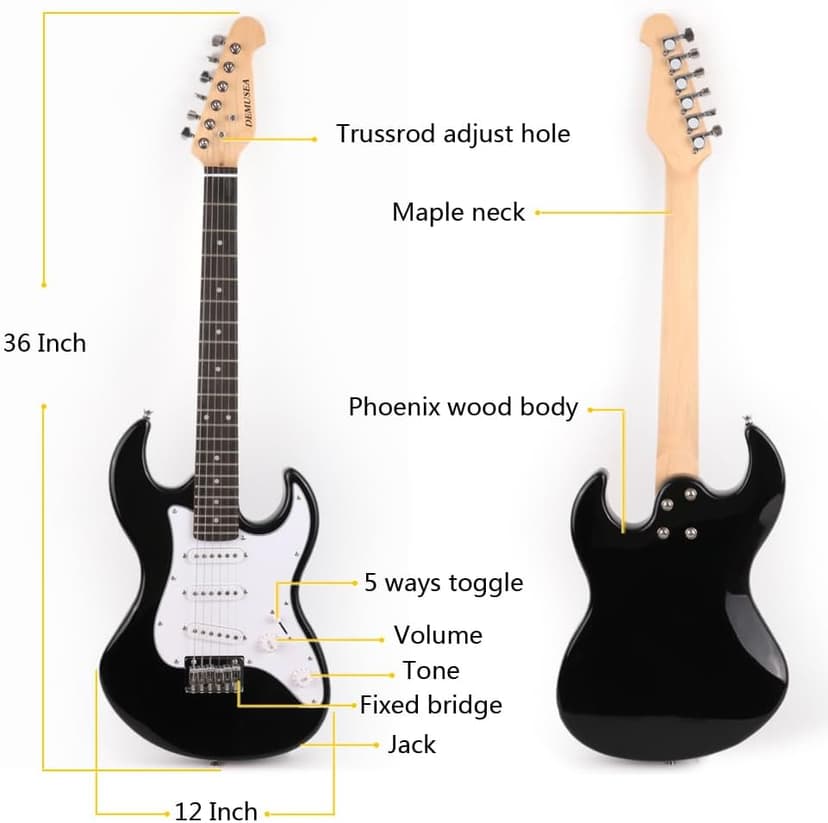Demusea Short Scale 36 Inch 3/4 Electric Mini Guitar Black Color For Beginner Starter Travel Portable Practic With Gig Bag And Strap Phoenix Body Maple Neck SSS Pickups