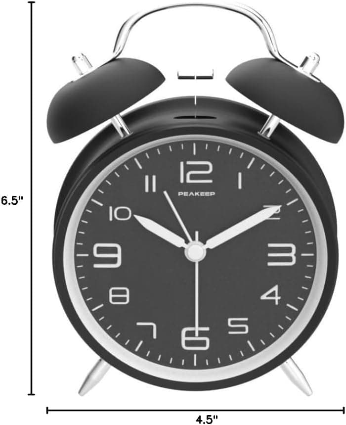 Peakeep 4 Inches Twin Bell Loud Alarm Clock for Heavy Sleepers, Backlight, Battery Operated Old Fashioned Alarm Clock for Bedrooms (3D-Dial, Black)