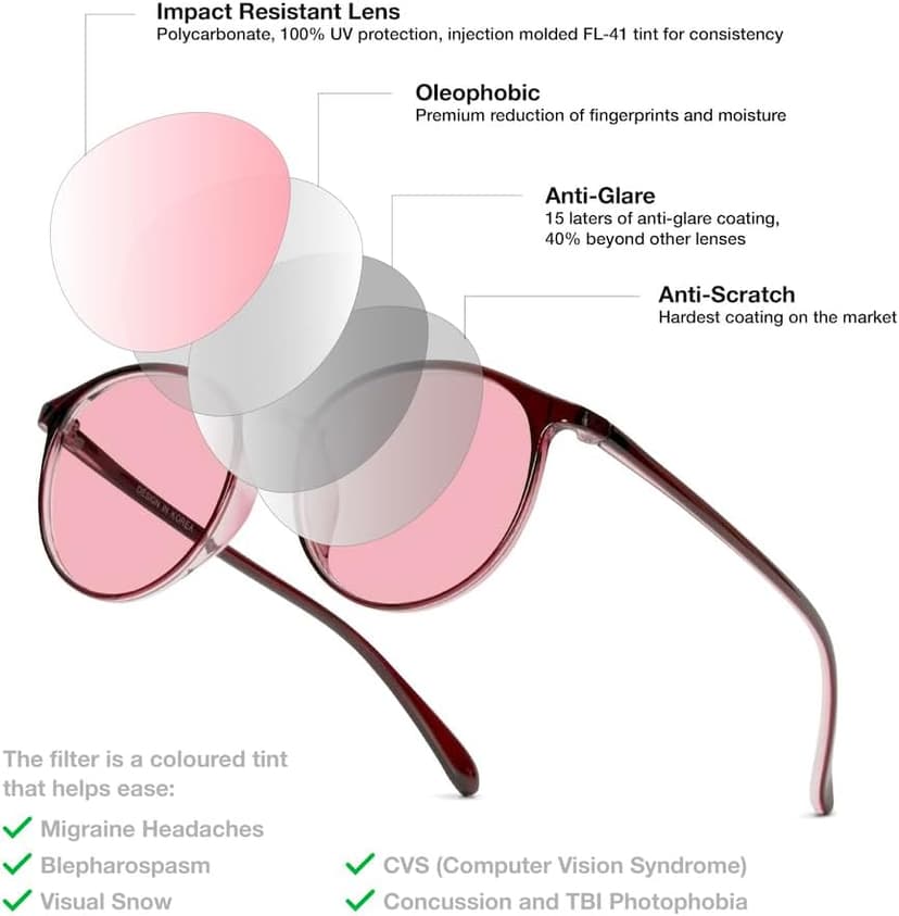 BRADDELL Indoor FL-41 Rose & Outdoor FL-60 Brown Tinted Migraine Light Sensitivity Glasses for Fluorescent LED Glare, Photophobia and Concussion (MEDIUM)