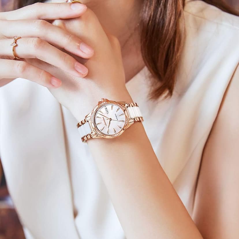 OLEVS Womens Big Face Automatic Watch, Diamond Accented Self Winding Dress Watch for Women, 50M Waterproof Day-Date Sapphire Crystal, Two Tone Stainless Steel Ceramic Band, White/Blue/Green/Red Dial