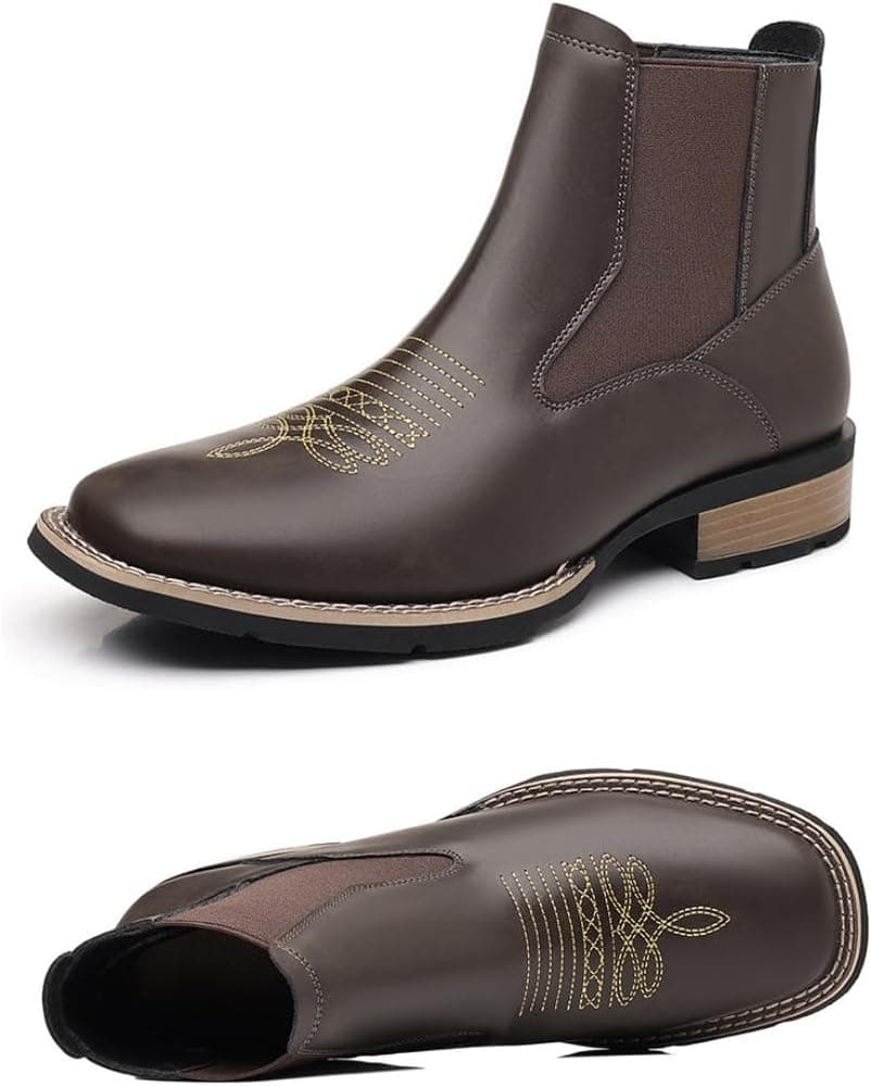 GHTRHSB Men's Western Cowboy Chelsea Boots, Classic Square Toe Cowboy Casual Work Ankle Boots,Slip On Casual Retro Stylish Boots