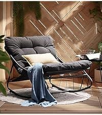 Grand patio Outdoor Rocking Chair, Oversized Papasan Rocking Chair with Thick Cushion, Indoor Outdoor Cozy Rocker for Balcony, Living Room, Patio, Gray