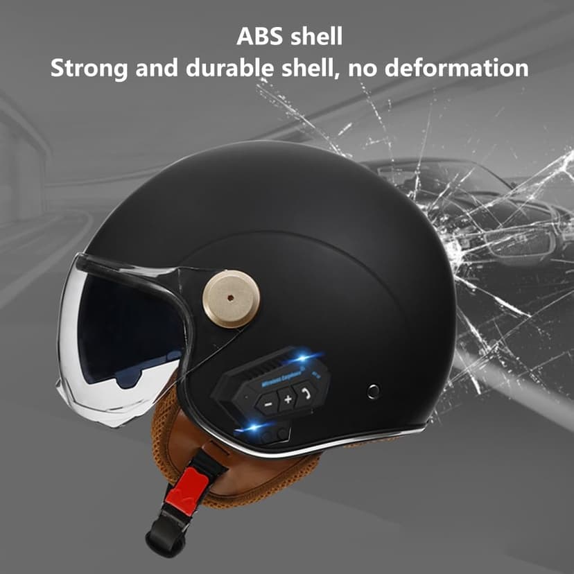 Retro 3/4 Bluetooth Motorcycle Open Face Half Helmet Microphone Dual Speakers and Double Visor Vintage Half Face Motorbike Bluetooth Helmet DOT Approved for Adults Men and Women