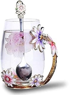 Luka Tech Enamel flower Lead-free Glass Coffee Mugs Tea Cup with Steel Spoon, Best Birthday Gifts For Women Wife Mom Friends Mothers Valentines Day Christmas