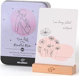 New Mom Affirmation Cards - 50 Postpartum Affirmation Cards for Women - Pregnancy & Self-Care Gifts for New Mom After Birth in Tin Box with Wooden Stand