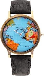 MINILUJIA Travel The World Watch Cool Unique Airplane Moving Flying World Map Watch with Black Jeans Color Watch Band Women Men Watch Small Wrist